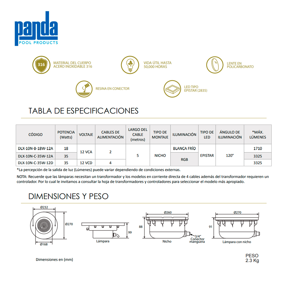 Lámpara LED para piscinas SERIE DELUXE RGB - 35 watts - Imagen 2