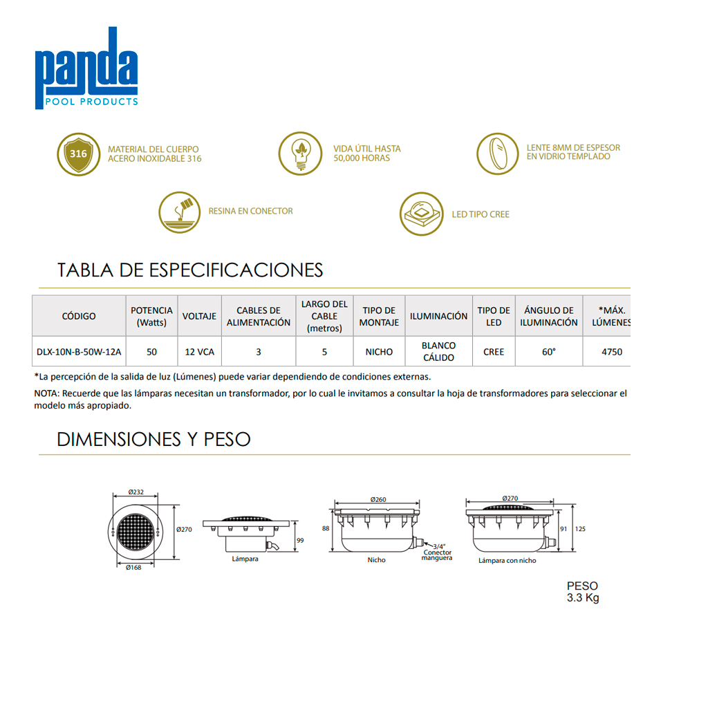Lámpara LED para piscinas SERIE DELUXE BLANCO CÁLIDO - 50 watts - Imagen 2