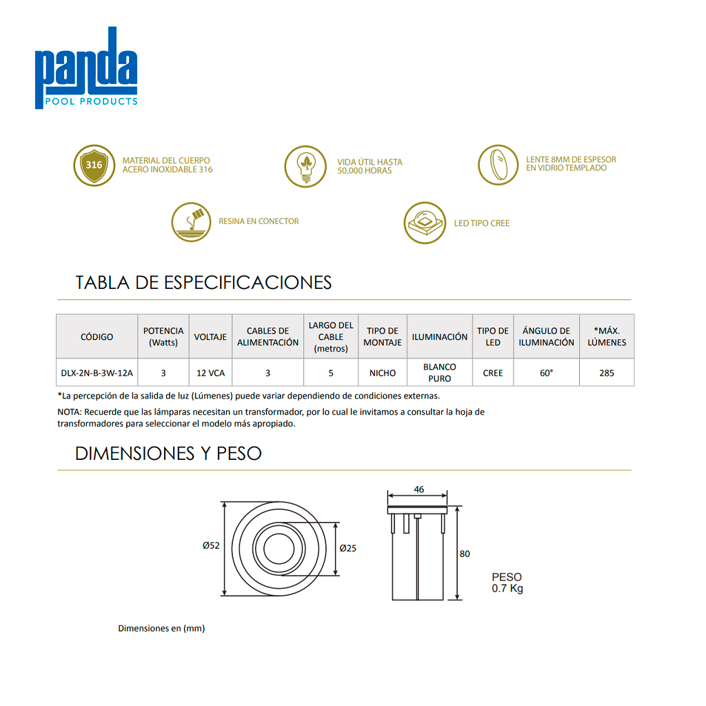 Lámpara LED para piscinas SERIE DELUXE BLANCO PURO - 3 watts - Imagen 2