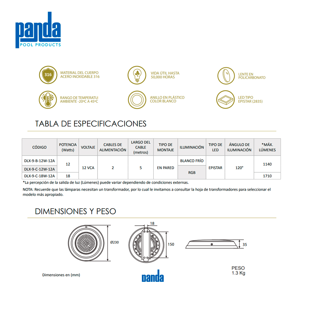 Lámpara LED para piscinas SERIE DELUXE RGB - 12 watts - Imagen 2