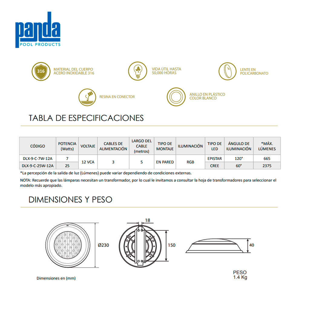 Lámpara LED para piscinas SERIE DELUXE RGB - 25 watts - Imagen 2