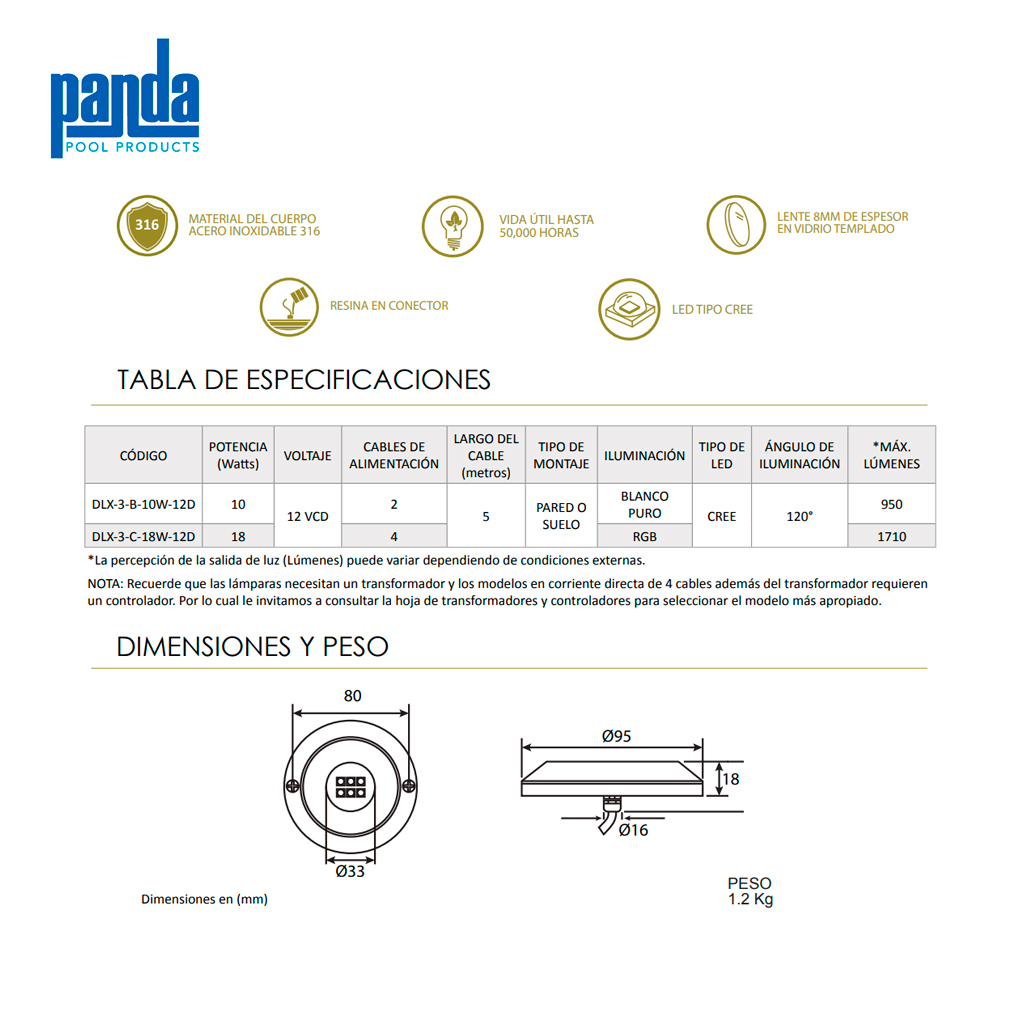 Lámpara LED para piscinas SERIE DELUXE BLANCO PURO - 10 watts - Imagen 2